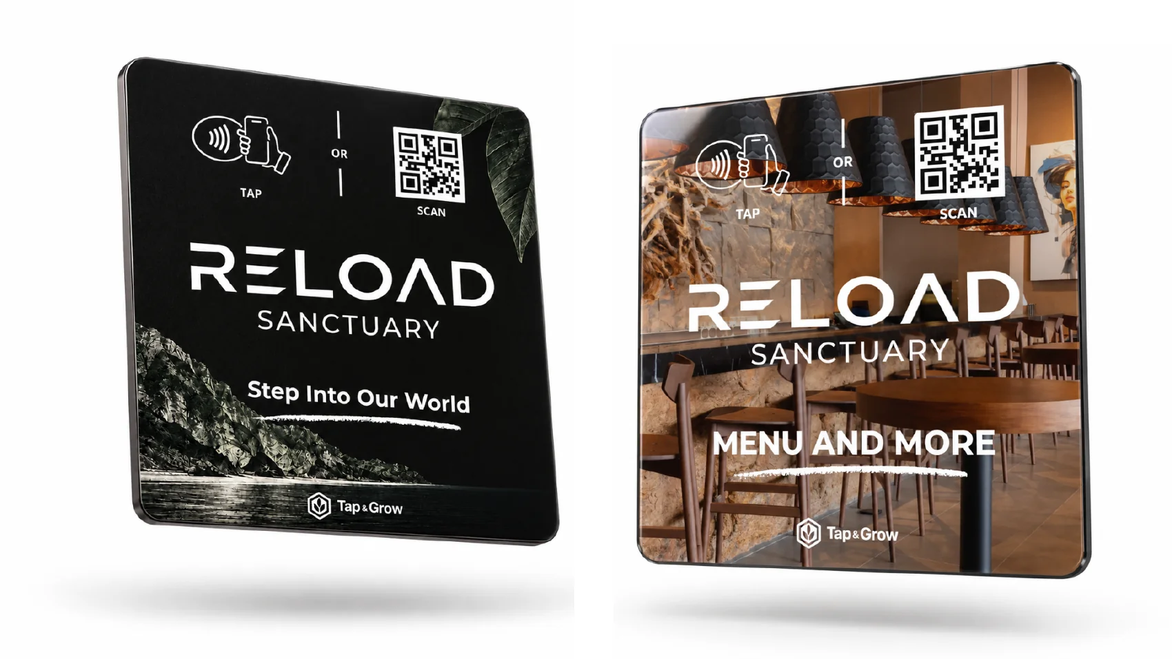 Illustrative Reload NFC plaques for venue exploration and menu access