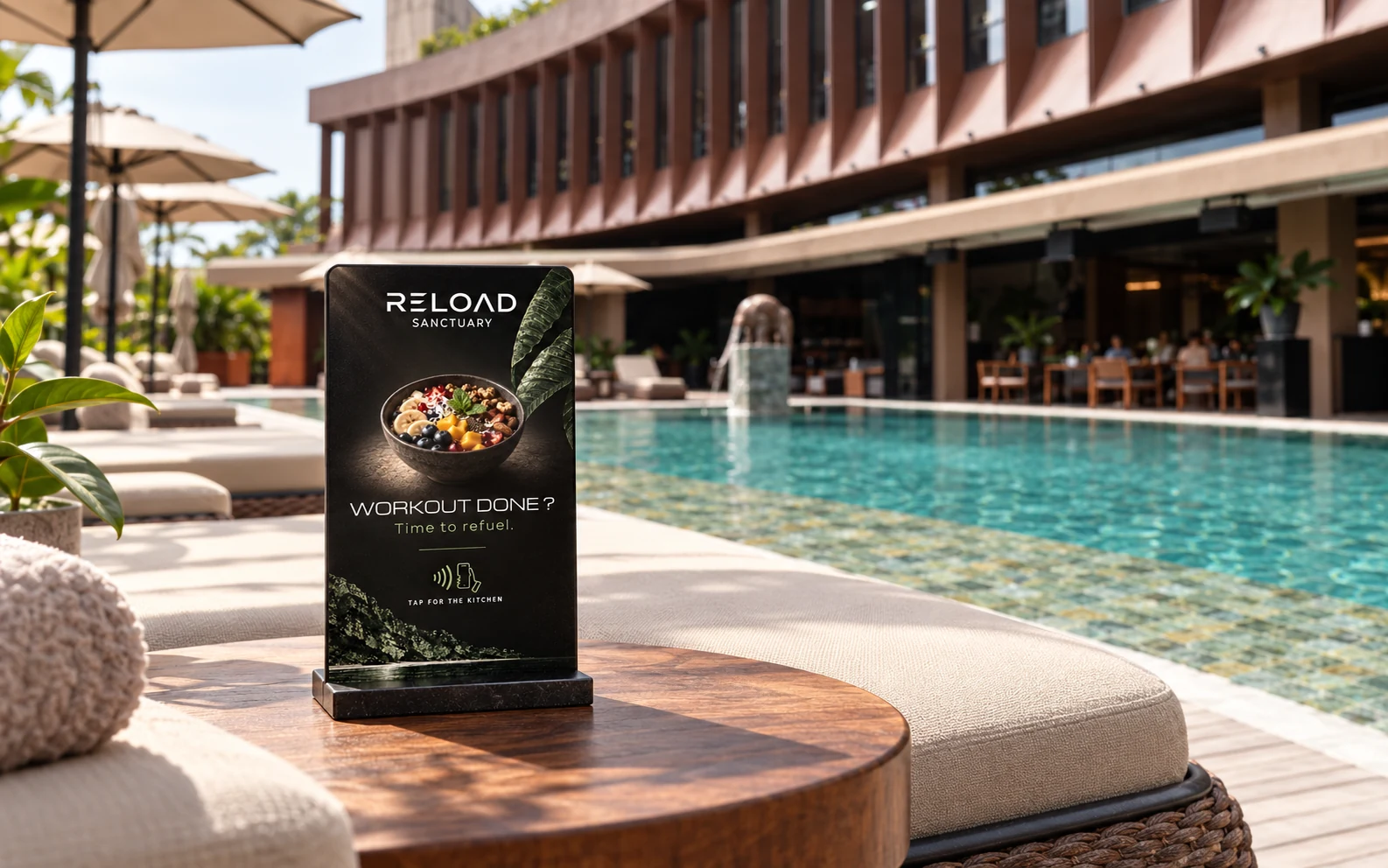 Illustrative Reload branded NFC stand on a side table next to a pool bed